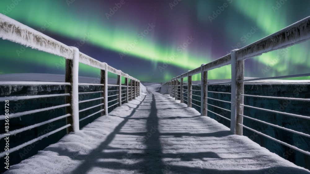 Fototapeta premium A frost-covered bridge over a precipice, the aurora borealis overhead casts deep shadows on the icy path.