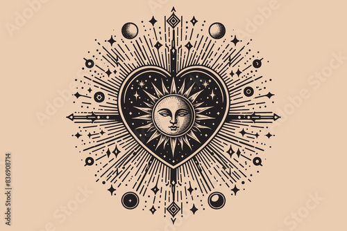Sunny heart. The sun is inside the heart. Bright love. Isoteric, occult, magical vector illustration. vintage black engraving, emblem, logo. tattoo sketch, print