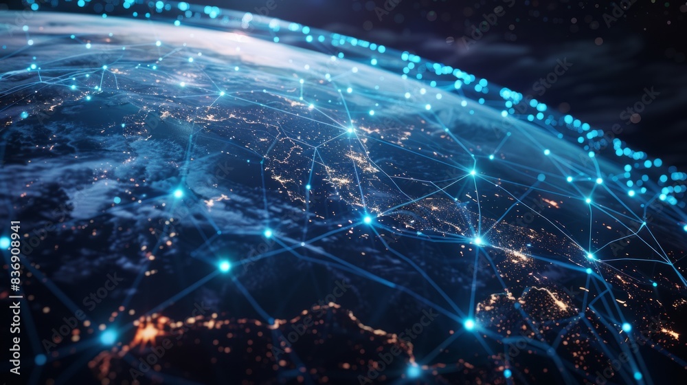 Global communication network concept, The planet earth at night with ...