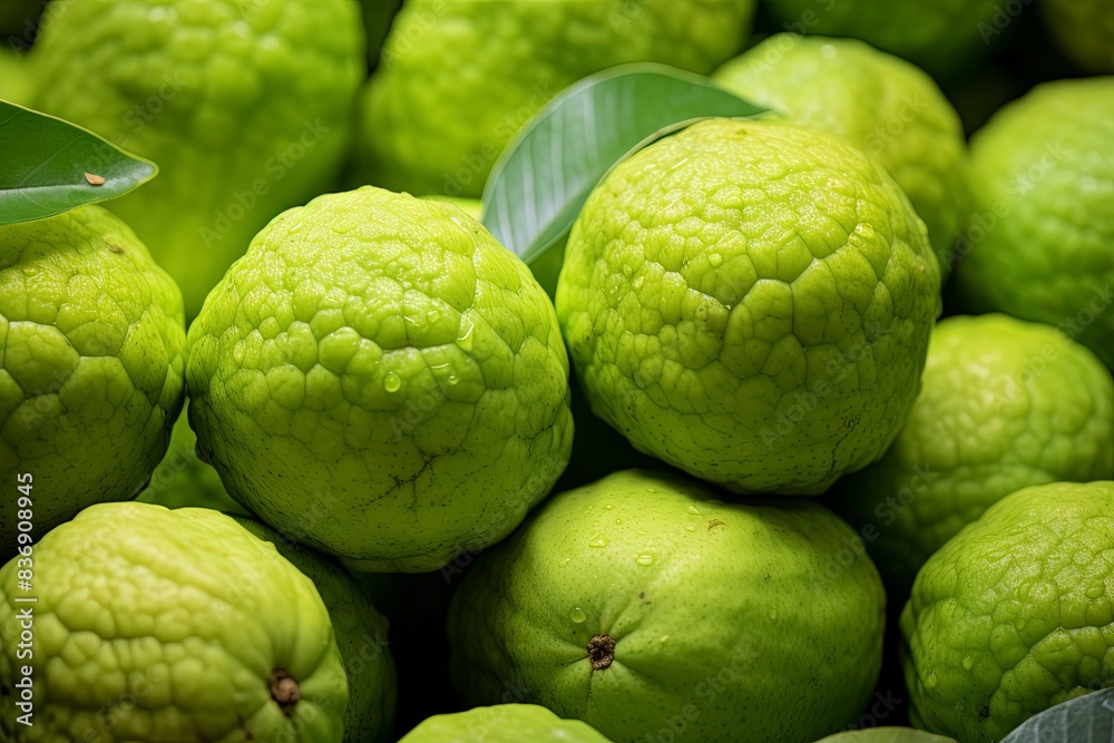 Fototapeta premium close up of guava fruit and water drops, generative ai