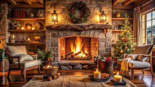 Cozy fireplace with crackling flames photo