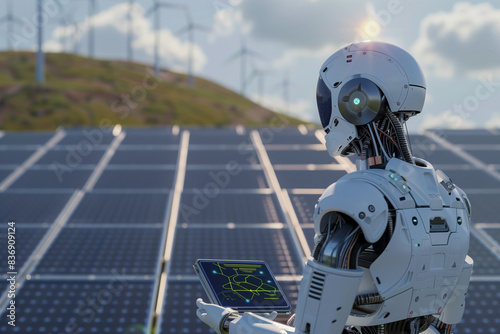 Smart robotic worker prototype droid controlling operation of sun checking solar batteries working at solar farm landscape. Ecology.