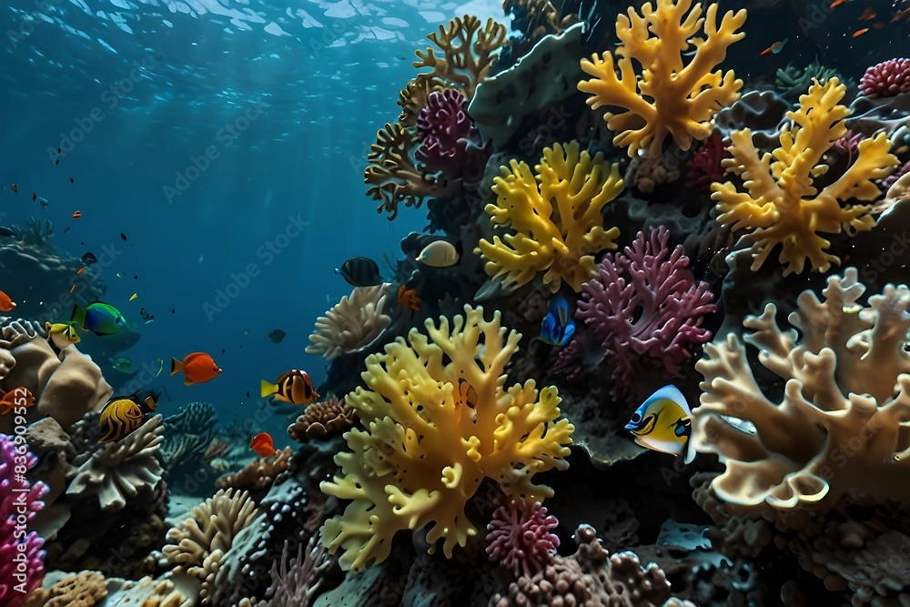 Underwater serenity meets the vibrant flamboyant life of a coral reef. A split-view of an underwater scene showcasing the beauty of tropical aquatic life. Great barrier reef in Australia. quality 8k Underwater serenity meets the vibrant flamboyant life of a coral reef. A split-view of an underwater scene showcasing the beauty of tropical aquatic life. Great barrier reef in Australia. quality 8k