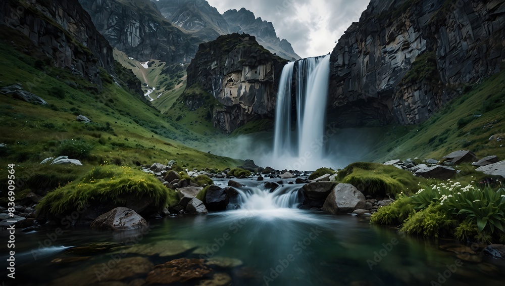 Fototapeta premium The surreal beauty of a cascading waterfall nestled within the heart of a rugged mountain range ai_generated
