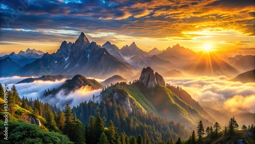 Capture the tranquility of a majestic mountain range at sunrise photo