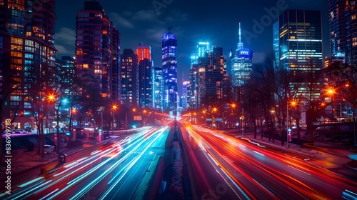A long exposure photo of city streets at night  with light trails from cars and traffic lights streaking past the camera. creating an urban landscape.