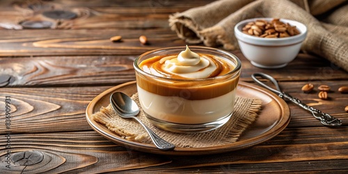 Creamy butterscotch pudding served in a cup on a rustic wooden table photo