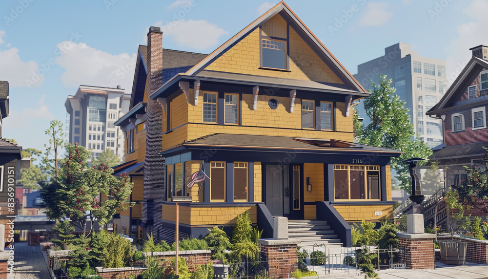 Front view of a newly constructed craftsman style amber house with navy accents, in a bustling cityscape. Front view of a newly constructed craftsman style amber house with navy accents, in a bustling cityscape.