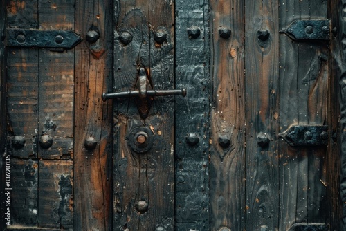 Closeup of an antique wooden door with wrought iron hardware