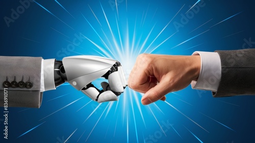 A human hand in a business suit making a fist bump with a robotic hand photo