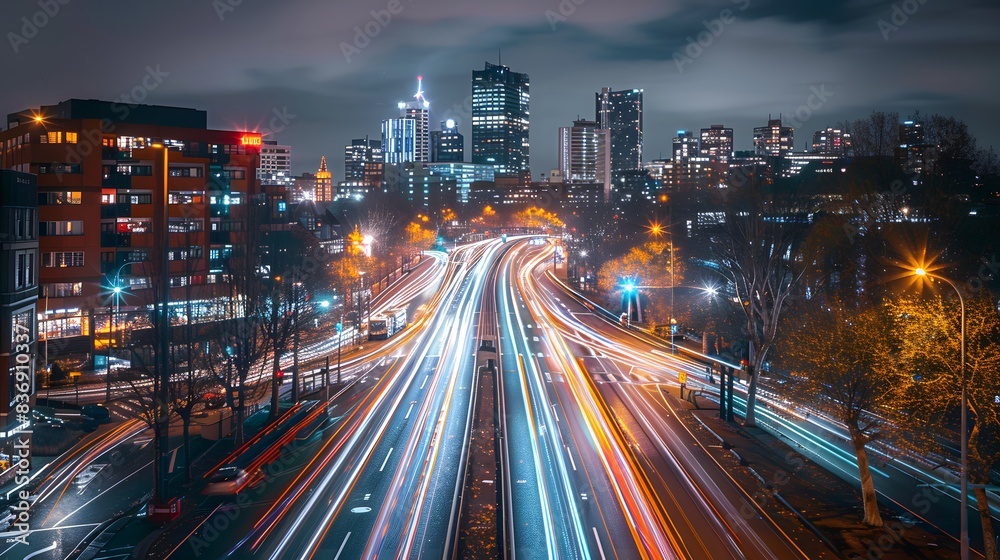Obraz premium A long exposure photo of city streets at night, with light trails from cars and traffic lights streaking past the camera. creating an urban landscape.