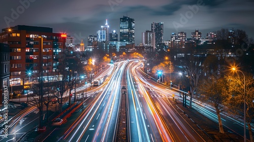 A long exposure photo of city streets at night, with light trails from cars and traffic lights streaking past the camera. creating an urban landscape.