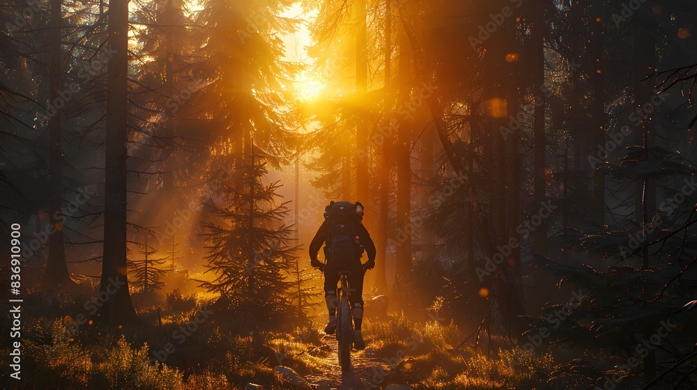 Fototapeta premium A mountain biker is riding through the forest at sunrise, with tall trees and dappled sunlight creating an atmospheric scene. adventure in nature.