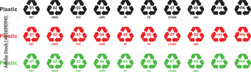 Set of plastic recycling symbols. PET, HDPE, PVC, LDPE, PP, PS, ABS. Editable Colorful flat recycle icons. Mobius loop. Isolated on white background.