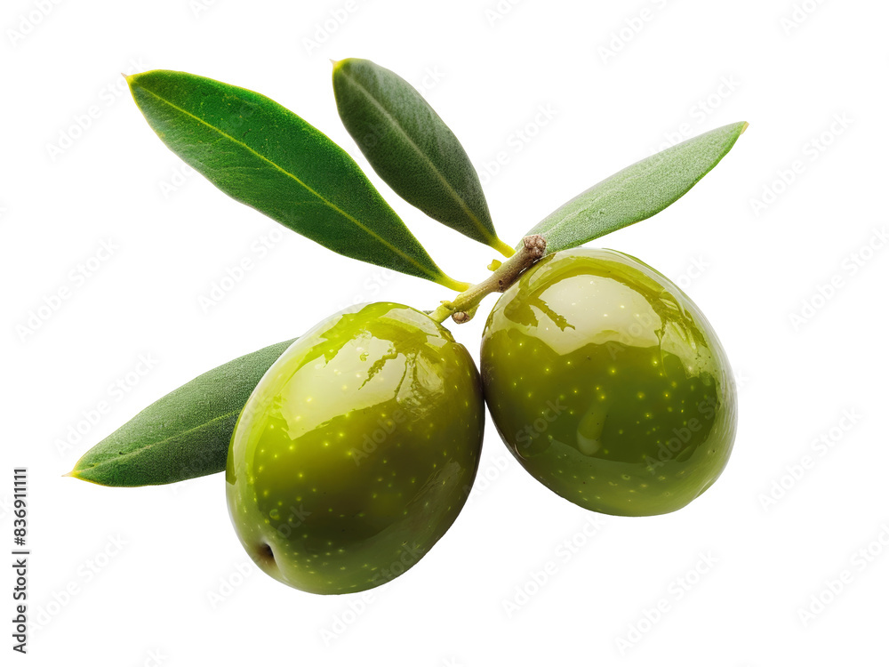 Obraz premium green olives with leaves isolated on transparent background 