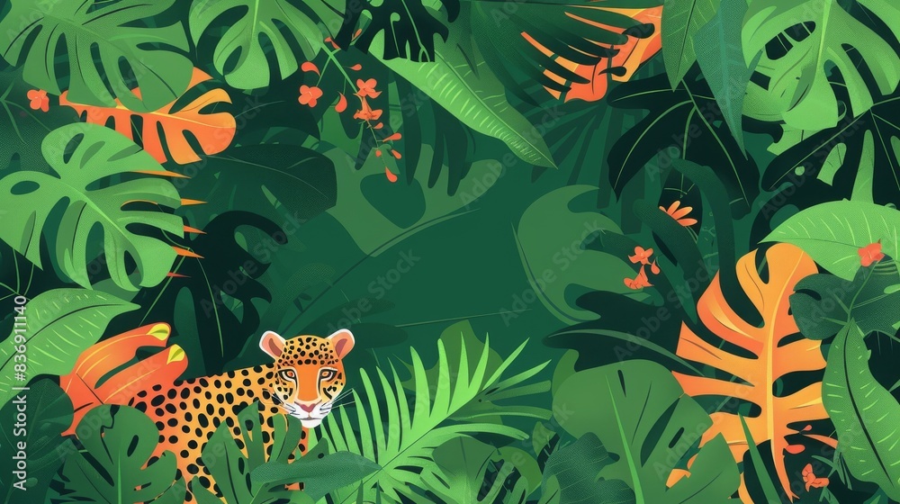 Colorful jungle scene with a cheetah among lush tropical foliage, vibrant leaves, and various plants, creating a lively natural habitat. Colorful jungle scene with a cheetah among lush tropical foliage, vibrant leaves, and various plants, creating a lively natural habitat.