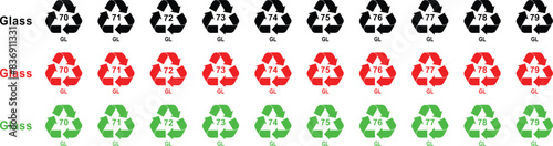 Recycling Glass mark. GL. Ecological recycling codes. Zero waste. Editable Colorful flat recycle icons. Mobius loop. Isolated on white background.