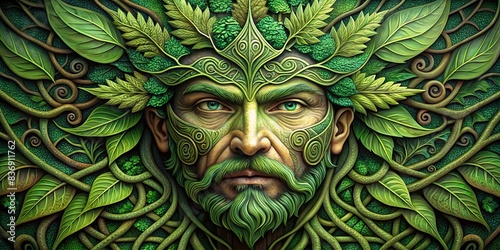 Celtic Green Man with intricate leaf patterns , nature, green, Ireland, mythology, mask, pagan, folklore, art, symbolic, vintage, ancient, mythical, forest, decorative, traditional