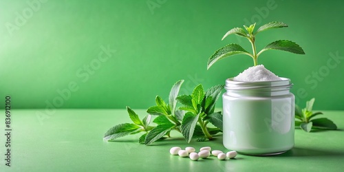 Artificial sweetener container on green background with copy space next to stevia twigs , stevia, sweetener, sugar substitute, container, green background, copy space, healthy, natural