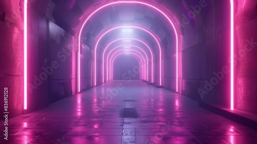 3d render  abstract neon background with glowing lines in the dark room. Generative AI.