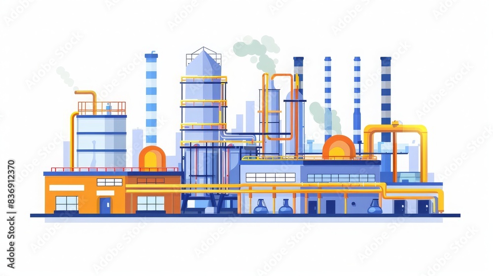 Obraz premium Illustration of an industrial factory with smokestacks and machinery against a white background, showcasing a modern manufacturing facility.