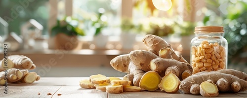 Fresh ginger roots and sliced ginger on a wooden table with a jar of dried ginger, perfect for cooking or health benefits. photo
