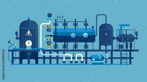 Illustration of an industrial factory machine with various components and pipes on a blue background. Perfect for industrial themed content. photo