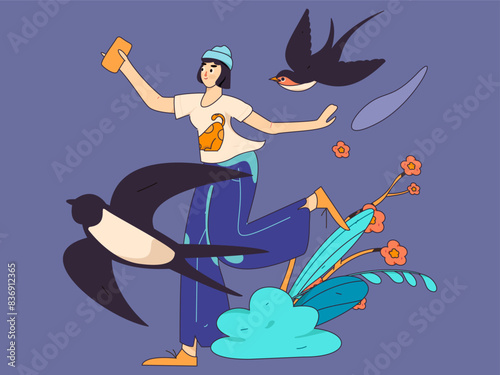 Vector flat illustration of characters in spring