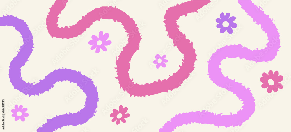 Abstract pink minimalistic background with wavy line and flowers. Backdrop with organic curvy curly stripe. Wave line art