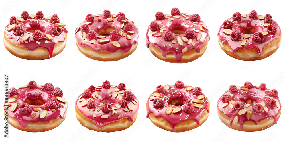 Set of Donut With Raspberry Glaze And Almond Slices isolated on transparent png background collection set . Generative ai Set of Donut With Raspberry Glaze And Almond Slices isolated on transparent png background collection set . Generative ai