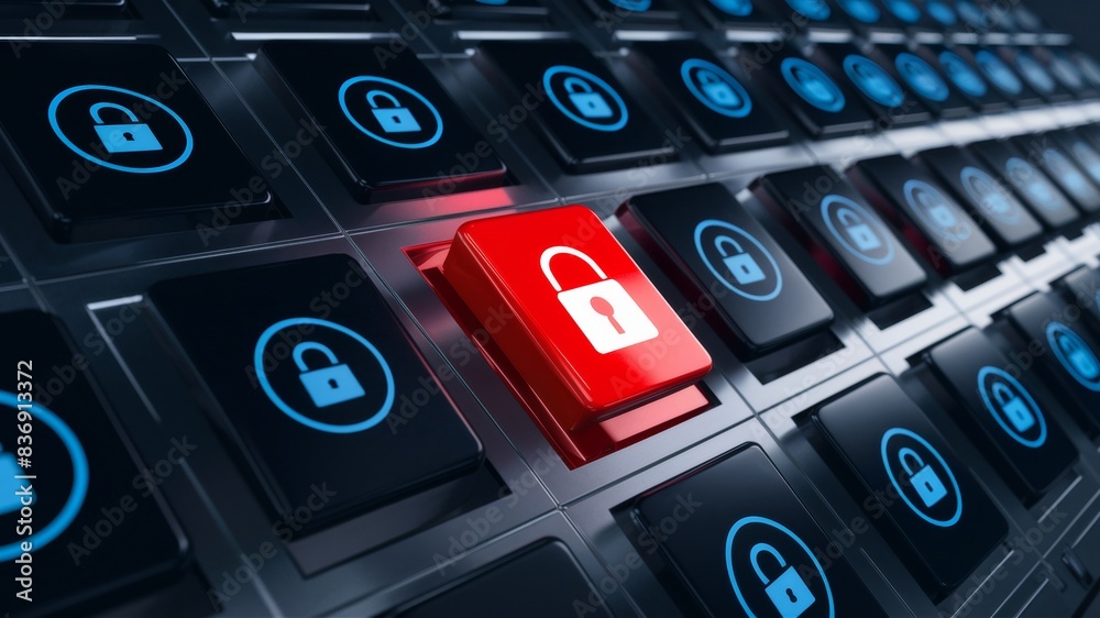 A sleek and futuristic 3D render of a panel with black buttons, each adorned with a blue padlock icon A sleek and futuristic 3D render of a panel with black buttons, each adorned with a blue padlock icon
