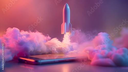 A rocket emerging from an iPhone, set against a gradient background with soft lighting and a pink color scheme. visually representing social media.