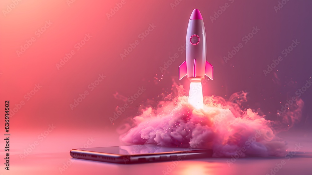 A rocket emerging from an iPhone, set against a gradient background with soft lighting and a pink color scheme. visually representing social media. A rocket emerging from an iPhone, set against a gradient background with soft lighting and a pink color scheme. visually representing social media.