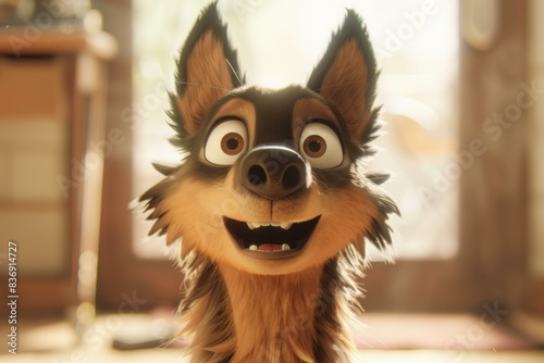 Animated dog character shows an expression of excitement and surprise with big eyes