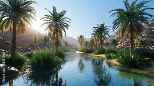 Desert oasis with palm trees. © Khan