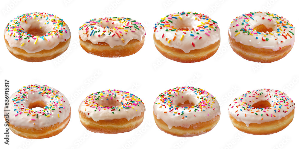 Set of Vanilla Glazed Donut With Confetti Sprinkles isolated on transparent png background collection set . Generative ai Set of Vanilla Glazed Donut With Confetti Sprinkles isolated on transparent png background collection set . Generative ai