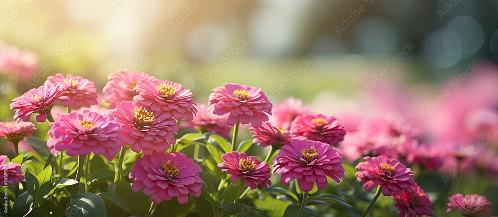 Pink zinnia flowers blossoming in a garden on a sunny day, creating a colorful display with copy space image. Pink zinnia flowers blossoming in a garden on a sunny day, creating a colorful display with copy space image.