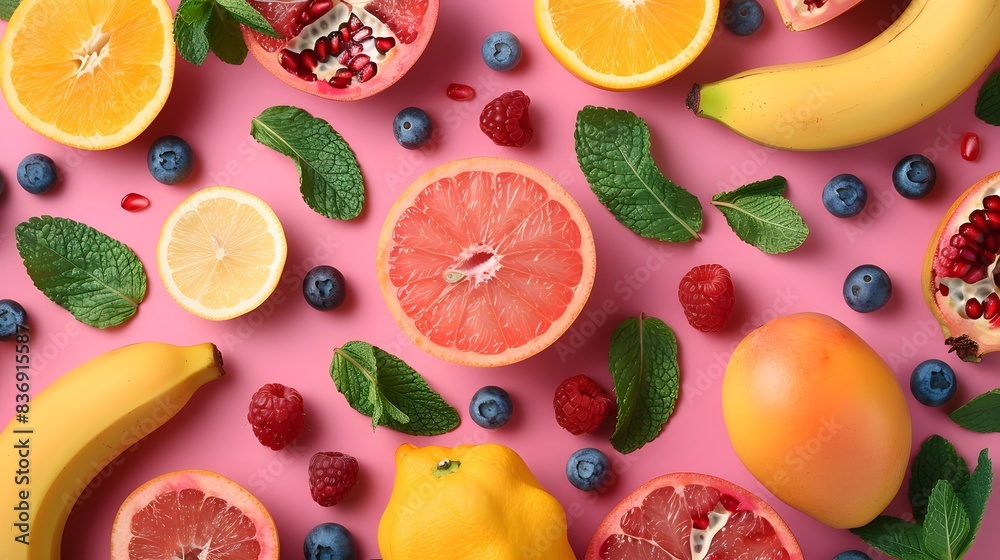 A vibrant and colorful flat lay of various fruits, including oranges, lemons, bananas, blueberries, pomegranates, grapefruits, raspberries, and mangoes on a pink background.
