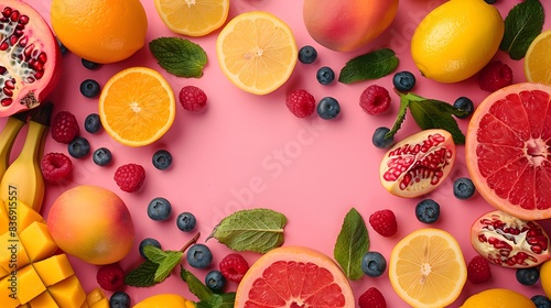 A vibrant and colorful flat lay of various fruits  including oranges  lemons  bananas  blueberries  pomegranates  grapefruits  raspberries  and mangoes on a pink background.