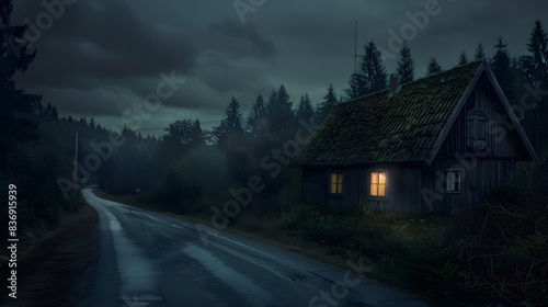 Rainy night scene of a house on an empty road in the forest