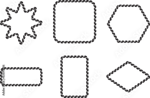 Set of Rope frames Borders of different geometric shapes. round, oval and square, hexagonal. Editable rope frame border isolated on white background.
