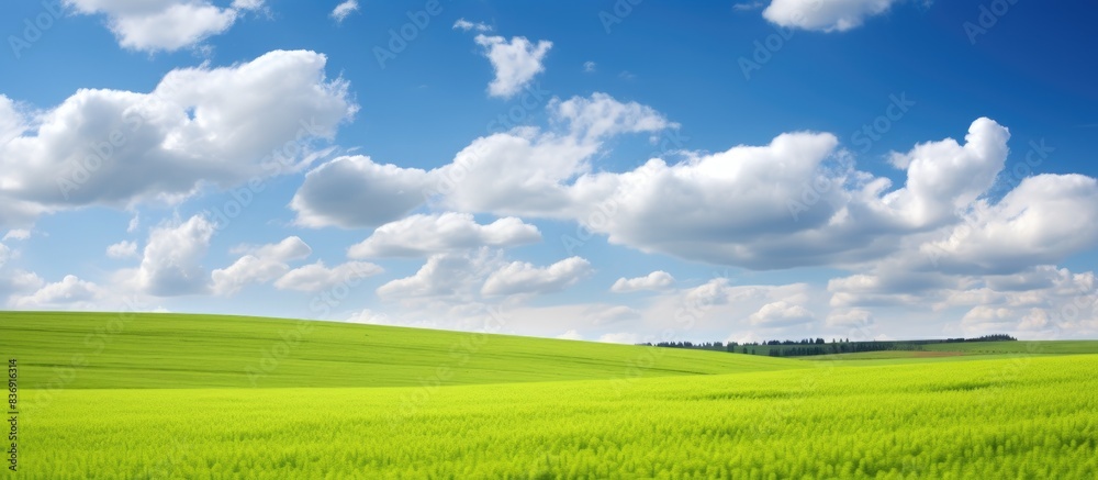 Obraz premium A serene landscape under a picturesque blue sky with fluffy white clouds floating above vibrant green and yellow fields, ideal for a copy space image.