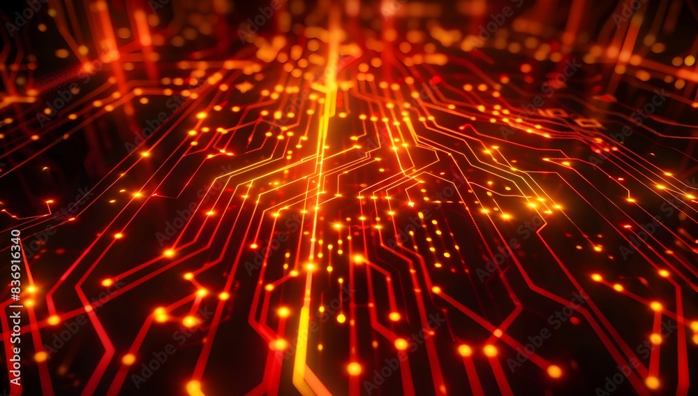 abstract background of glowing lines and geometric shapes on black, red and yellow colors
