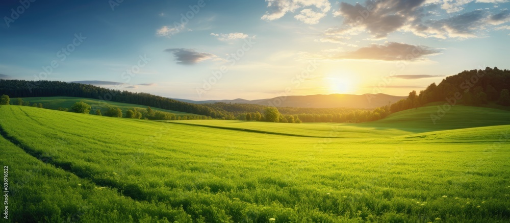 Fototapeta premium Sunset light illuminating a lush green field landscape with ample copy space image.
