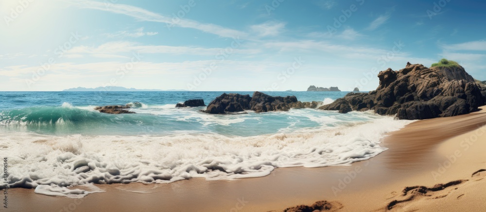 Sandy beach with rocks and waves, suitable for a copy space image.
