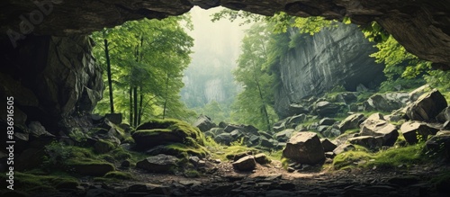 During hot summers in sunny weather, green forests and shrubs encircle secluded rocks, creating a picturesque scene with a copy space image. photo