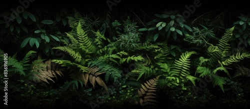 Capture an assortment of green botanical species like ferns and clovers showcasing round green leaves  photographed in a dark autumn forest with a brown backdrop and ample copy space image.