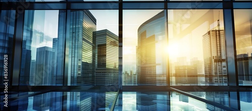 Empty modern business office skyscrapers. High-rise buildings in commercial district with blue sky and sunshine. Bright and modern high tech office background photo