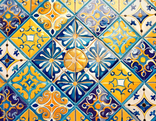 Majolica floor tiles with patterns. Abstract geometric seamless pattern background.