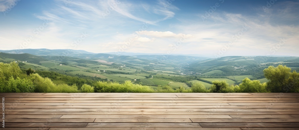 Fototapeta premium Scenic countryside view of rolling hills and valleys with a wooden plank floor beneath the copy space image.
